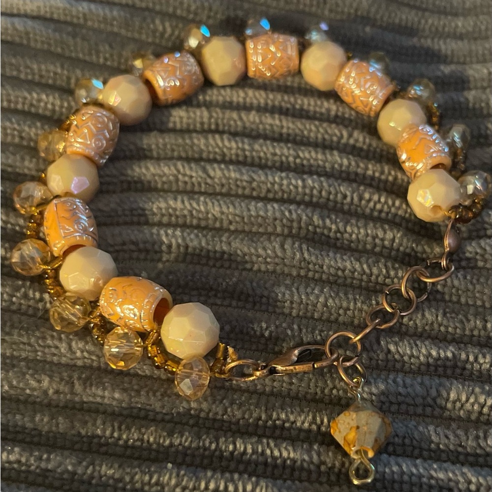 Cream and Pink Beaded Bracelet with Charm